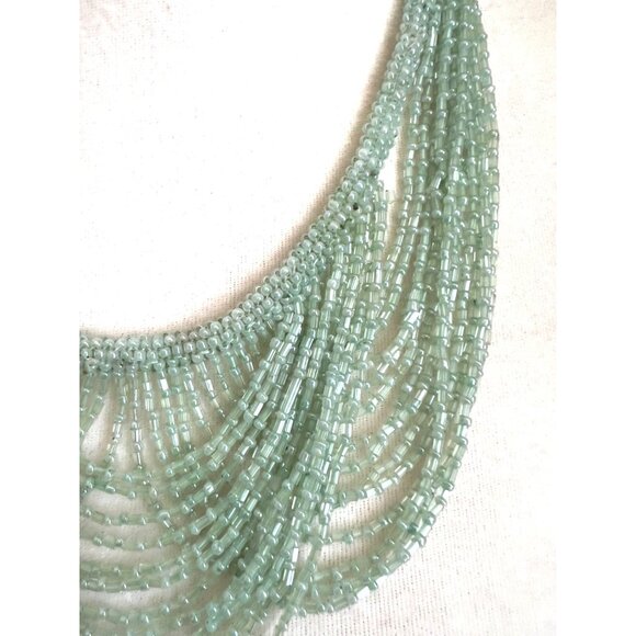 Handcrafted Mint Green Glass Beaded Bib Necklace With Multi-Strand Layered Desig - Picture 3 of 6